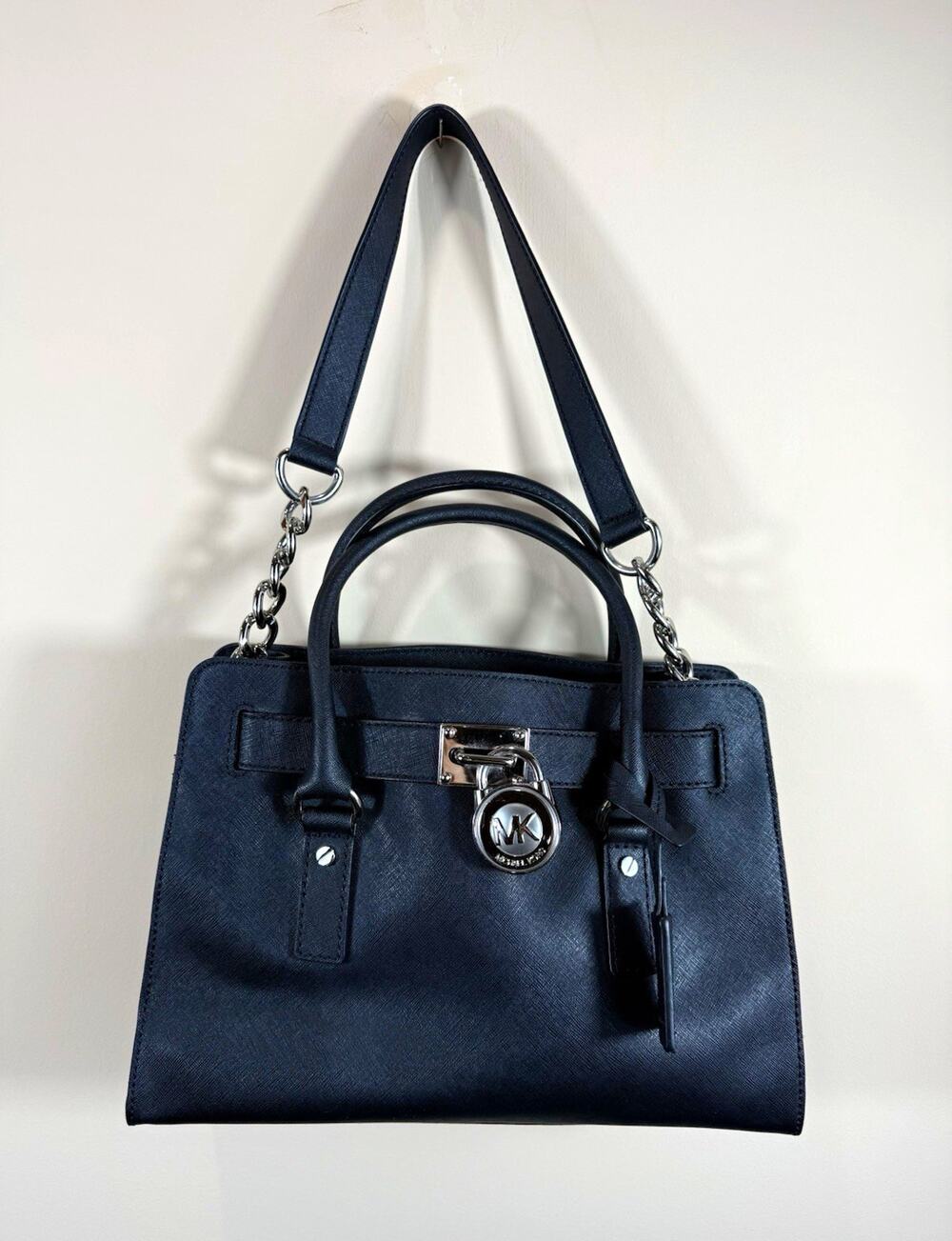 Michael Kors Hamilton Black Saffiano Leather East West Satchel Silver Lock Bag